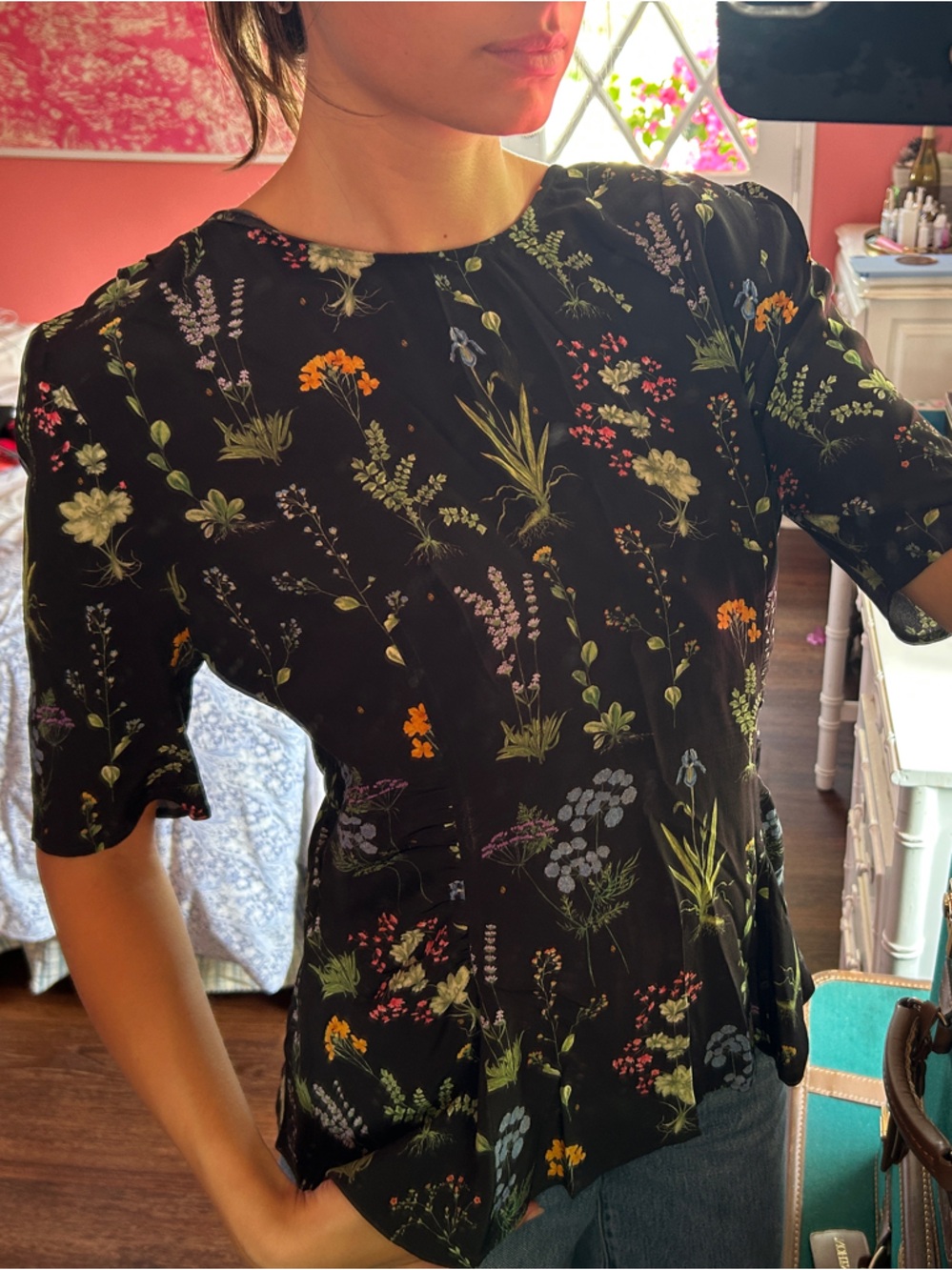 Black Floral Short Sleeve Blouse